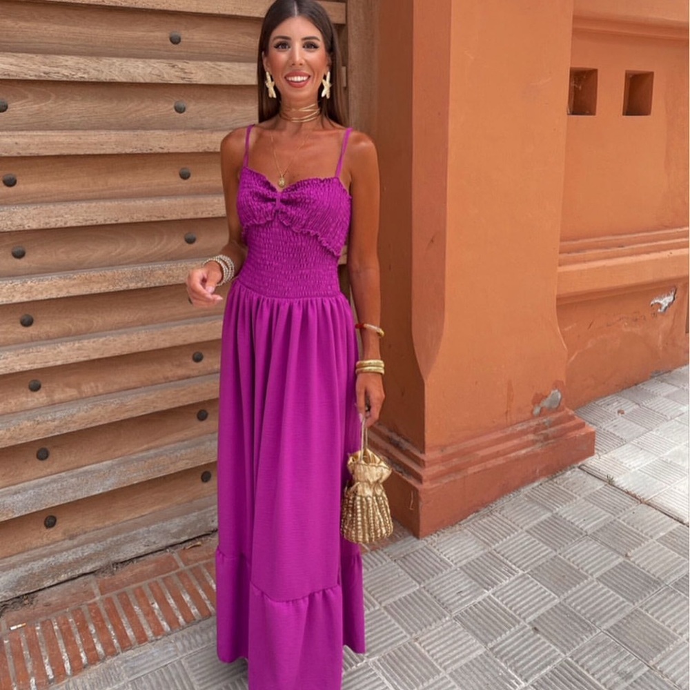 Women’s Fuchsia Maxi Dress – Sleeveless Smocked Bodice